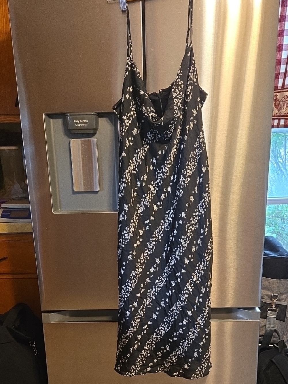 BCBG Black Slip Midi Dress with White Floral Print
